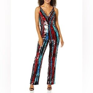 Dress the Population Charlie Black Multi Sequin plunging v neck Jumpsuit XL